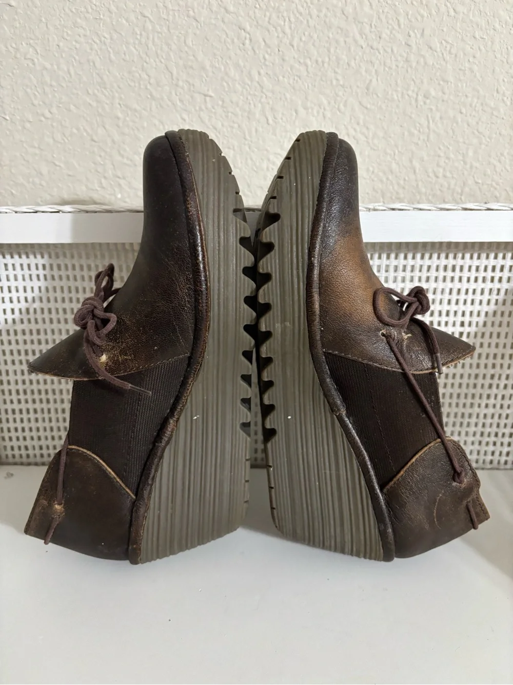 Women’s Fly London Brown Distressed Leather Wedge Slip-On Shoes